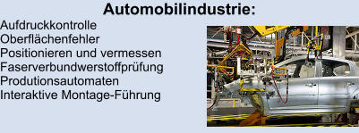 Automobilindustrie: Aufdruckkontrolle Oberflächenfehler Positionieren und vermessen Faserverbundwerstoffprüfung Produtionsautomaten Interaktive Montage-Führung